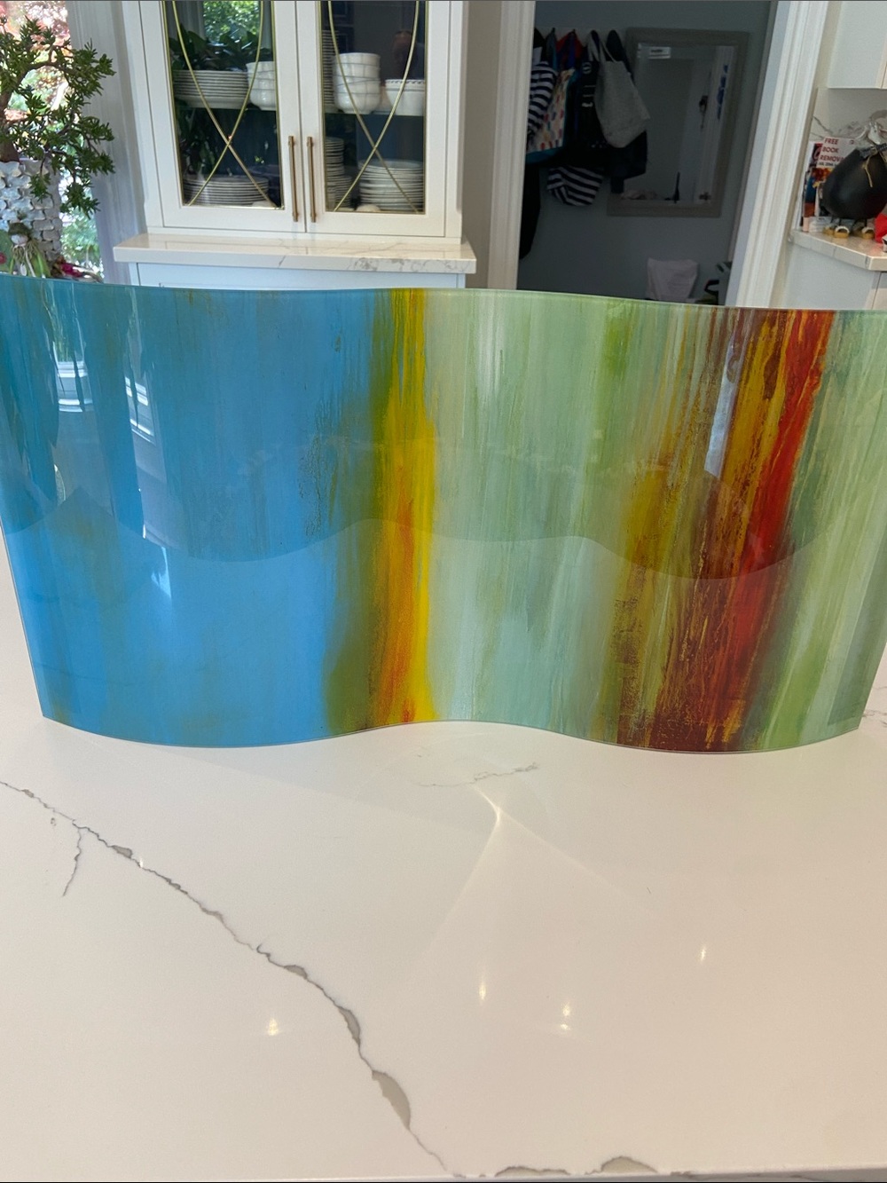 OOAK Abstract Multi-Color Curved Glass Art Panel - Blue, Green & Red Accents